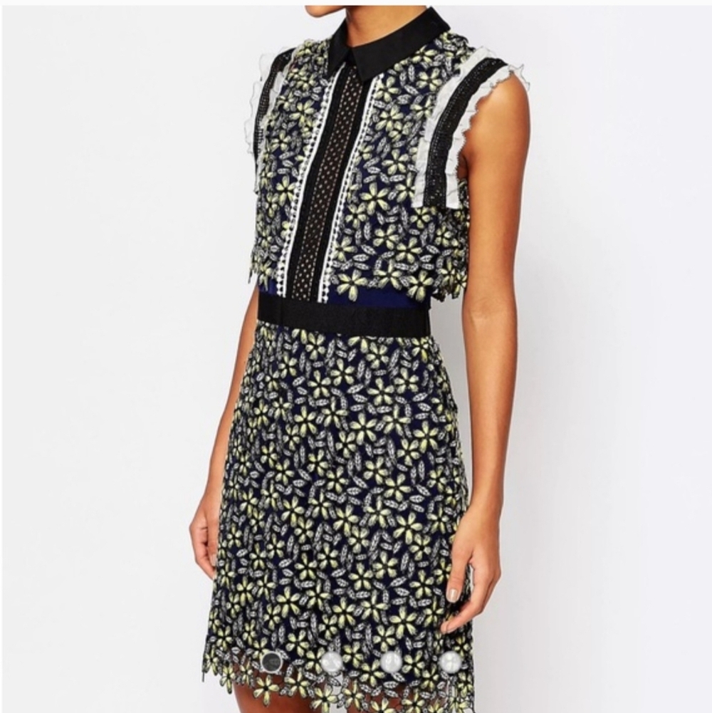 Self-Portrait Black and Yellow Floral Lace Skirt Size 2